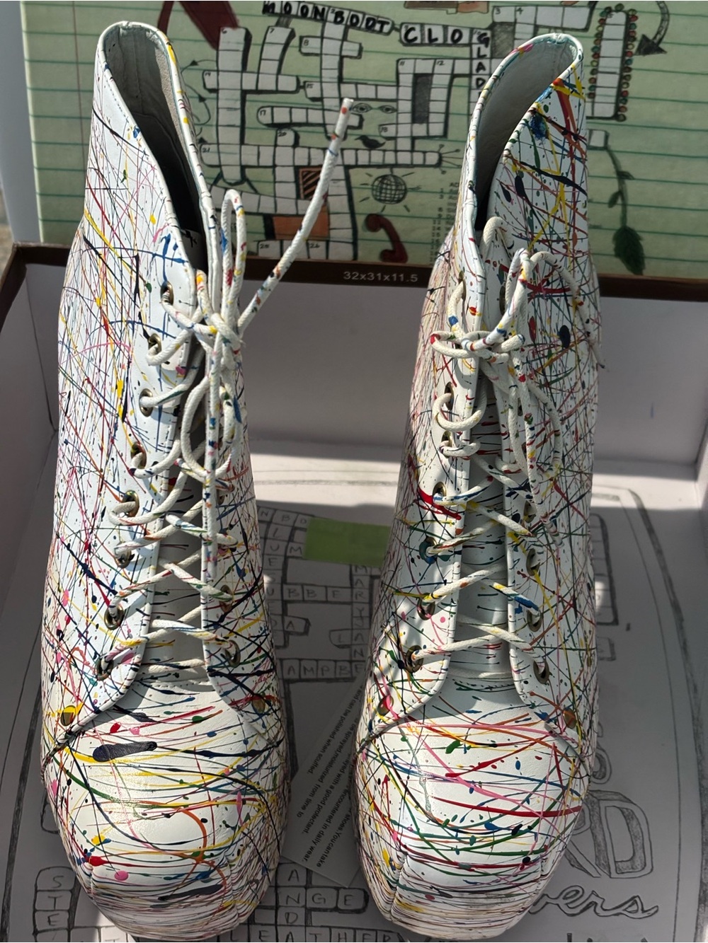 Jeffrey Campbell White “Lita” Multi-Color Paint-Splatter Lace-Up Ankle Boots